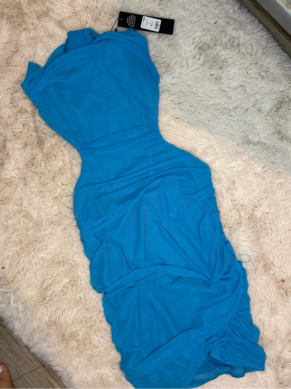 Fashion Nova Turquoise One-Shoulder Ruched Dress